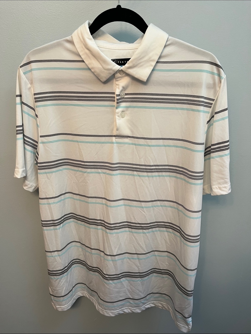 PGA Tour White Polo with Gray & Light Blue Stripes